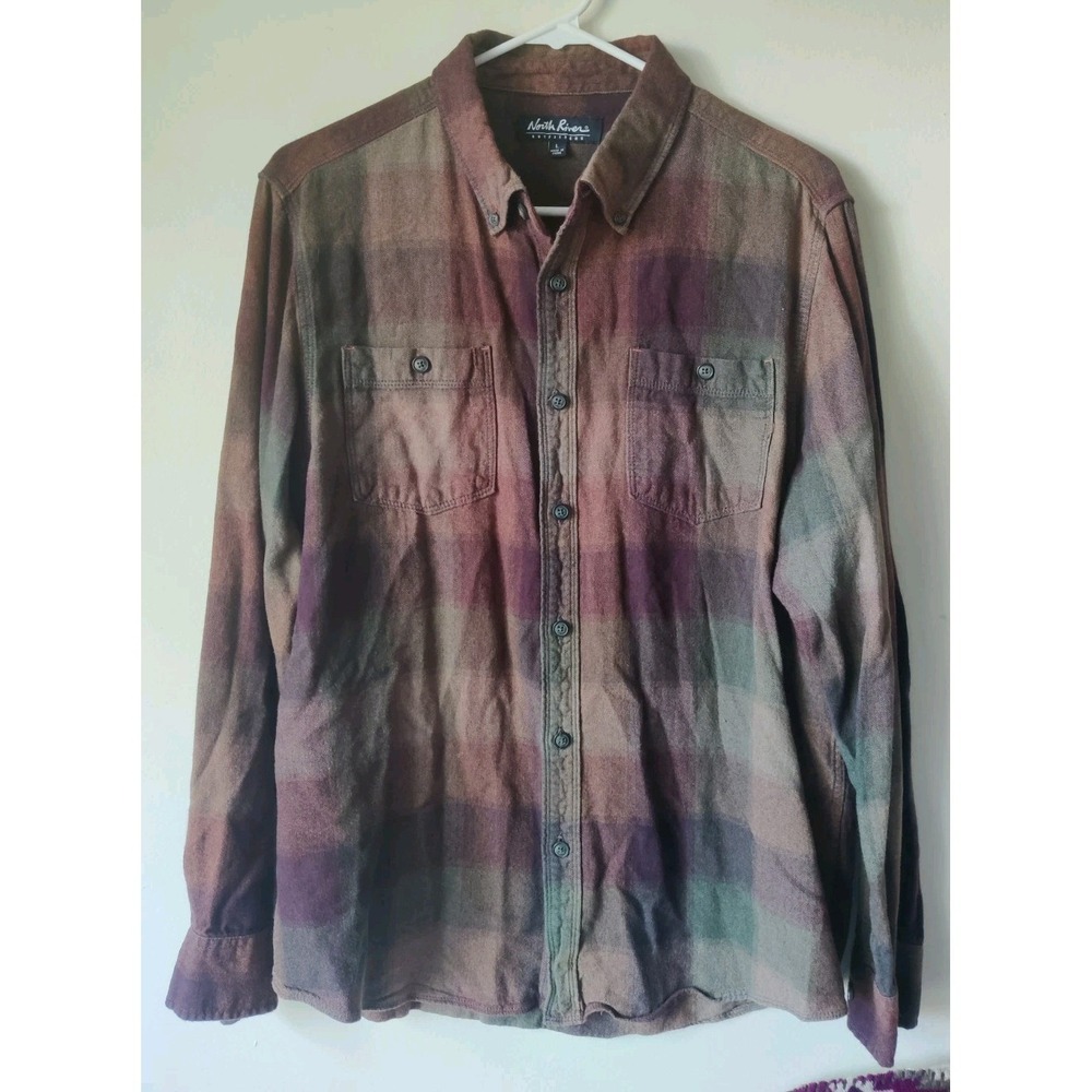 North River Flannel‎ Shirt Men's L Red Brown Plaid Long Sleeve Cotton Blend